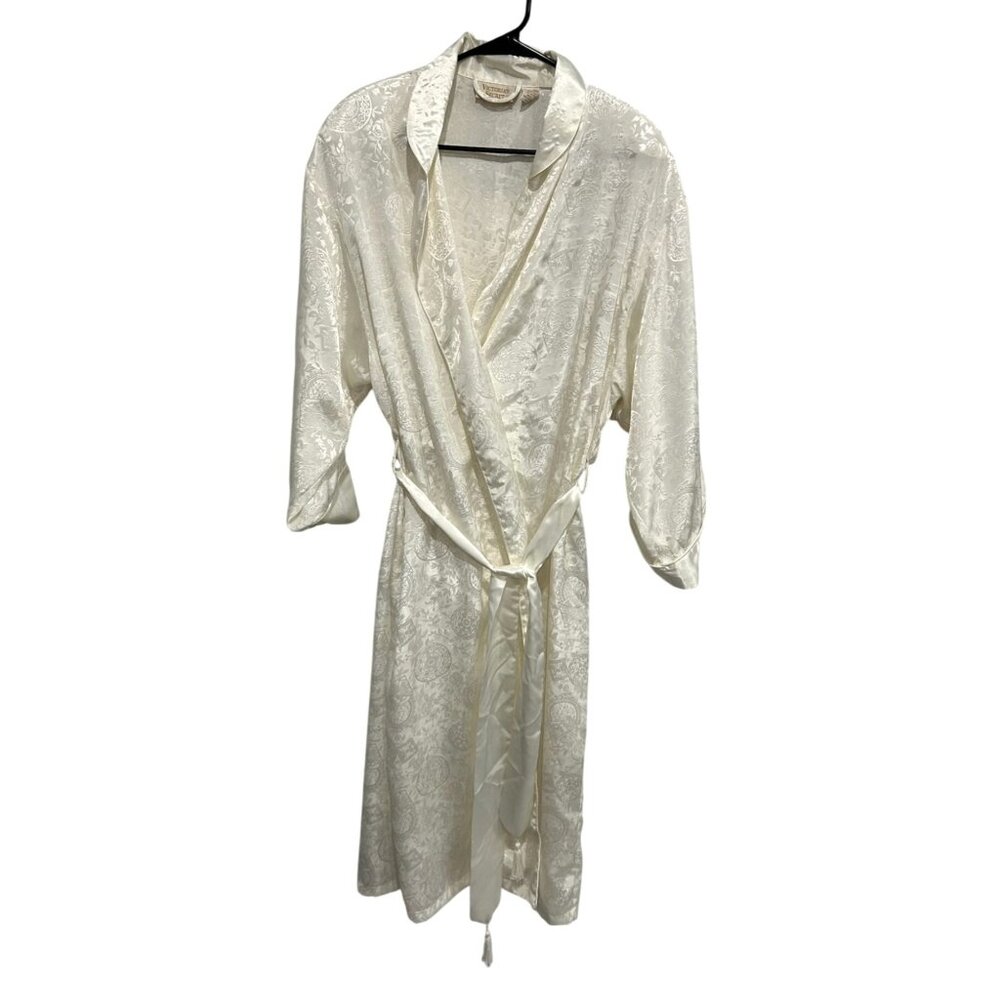 Vintage Victorias Secret Ivory Satin Jacquard Robe With Tie Belt Sz Medium Large